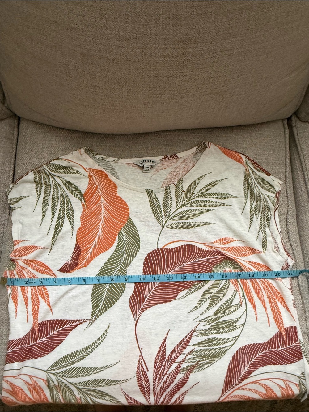 Orvis Linen Blend Cream Short-Sleeve Top w. Orange & Olive Leaf Print, M, EUC - Picture 7 of 9